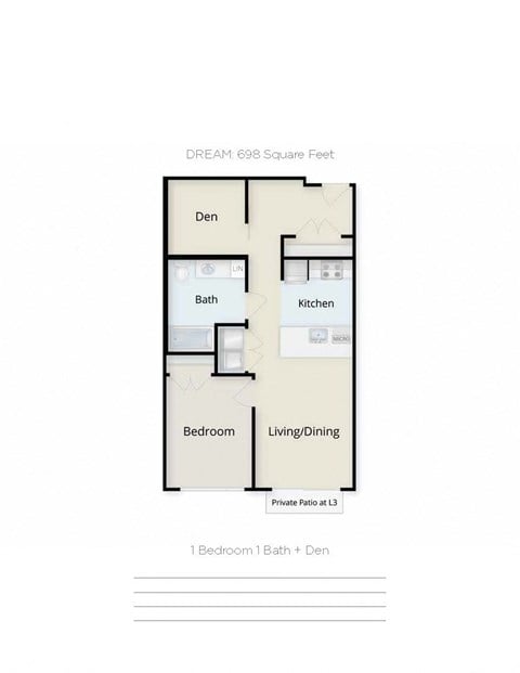 Floor plan for 1 bed, 1 bath, 721 sqft